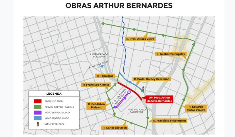 Orientações de trânsito e opções de desvios durante o bloqueio da Arthur Bernardes